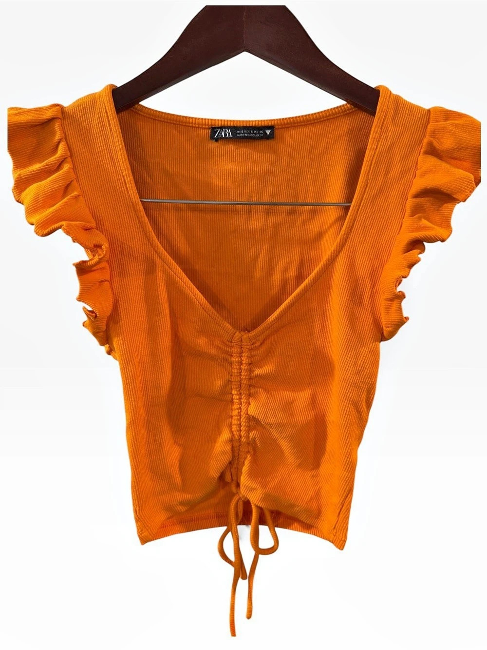 Zara Ribbed Ruffle Cap Sleeve Ruched Front Crop Top
